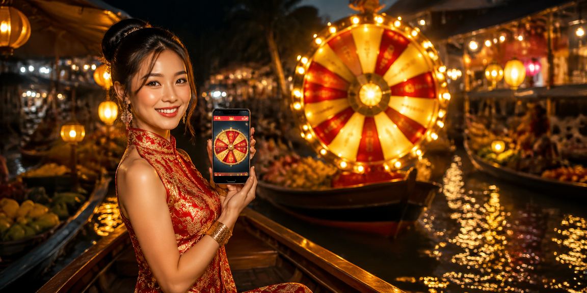 Quang cảnh chợ đêm vùng Mekong với không khí sôi động và màn hình quay thưởng may mắn